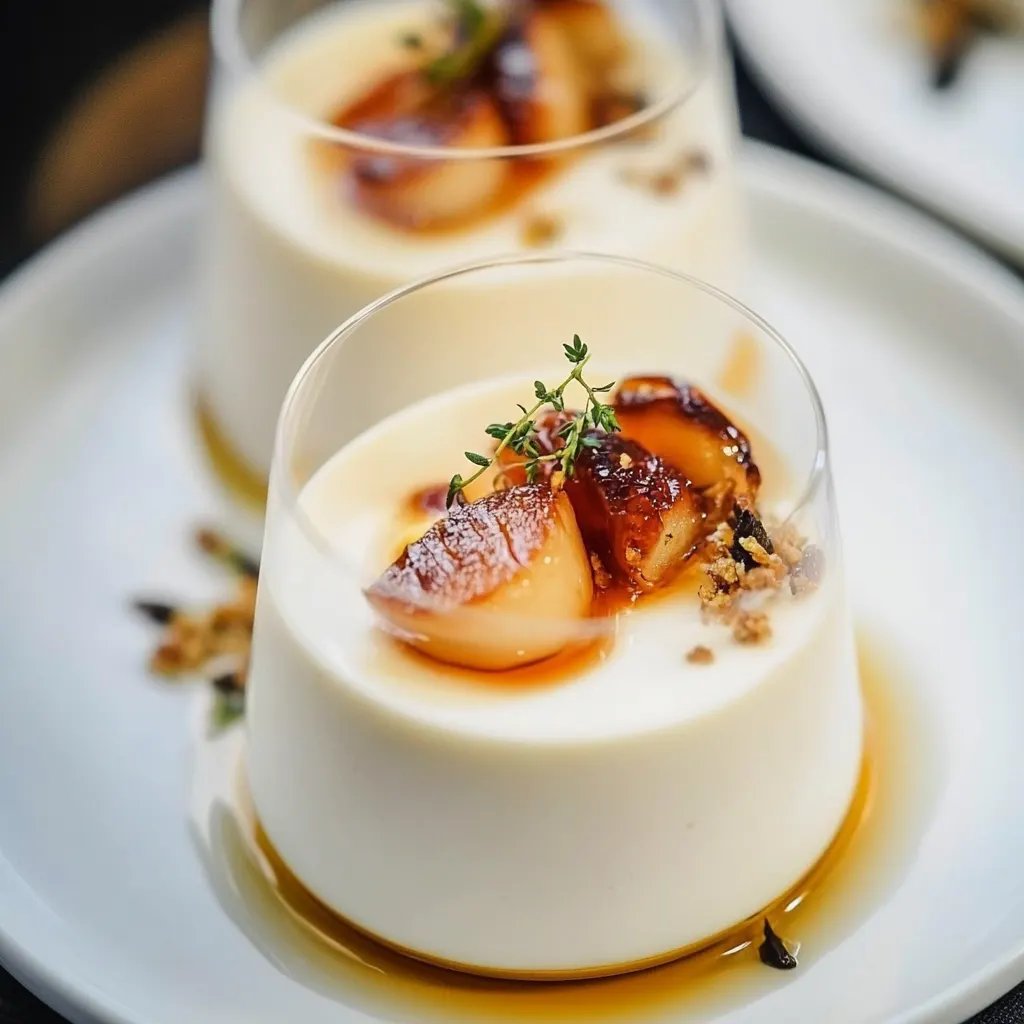 Vanillejoghurt-Panna-Cotta mit Balsamico-Thymian-gerösteten Pfirsichen und Nektarinen