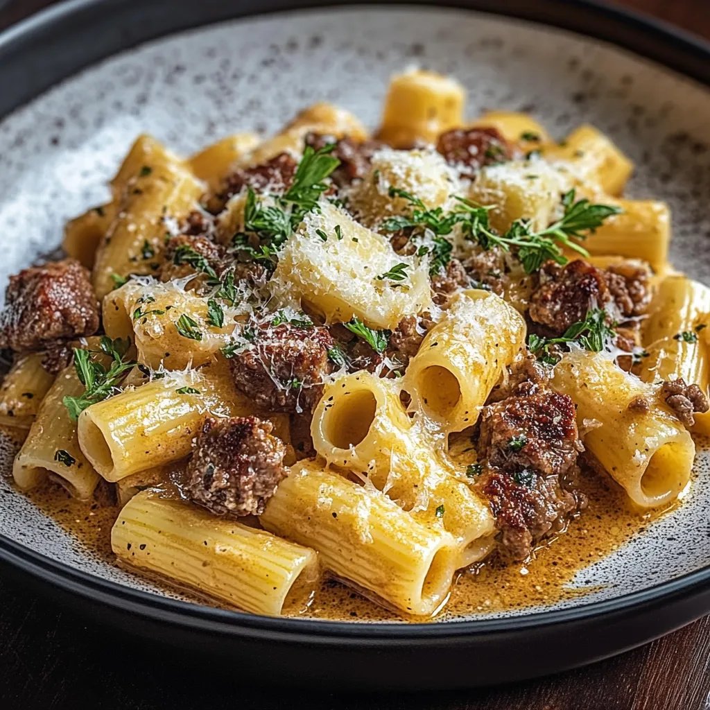Cremige Rigatoni mit Rindfleisch und Parmesan