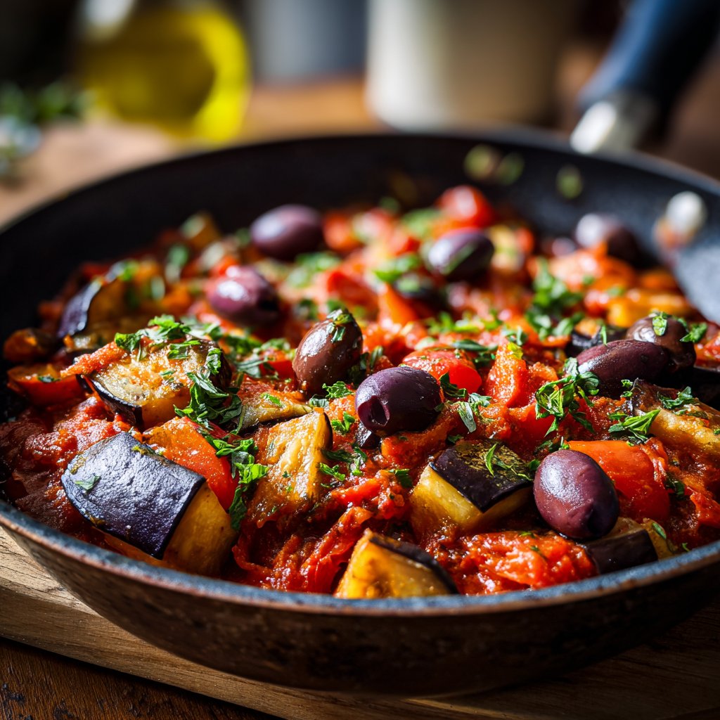 Auberginenpfanne mit Tomaten und Oliven