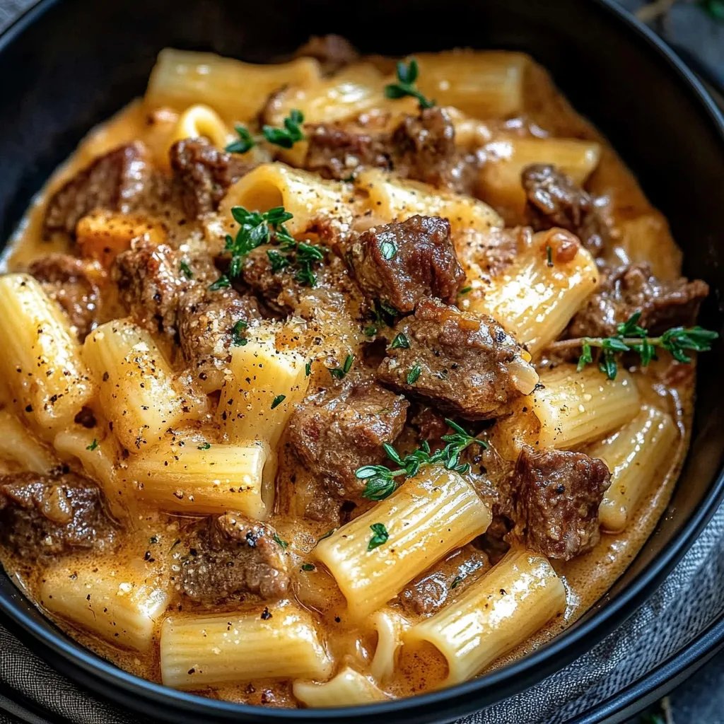 Rindfleisch mit Pasta in cremiger Knoblauchsauce
